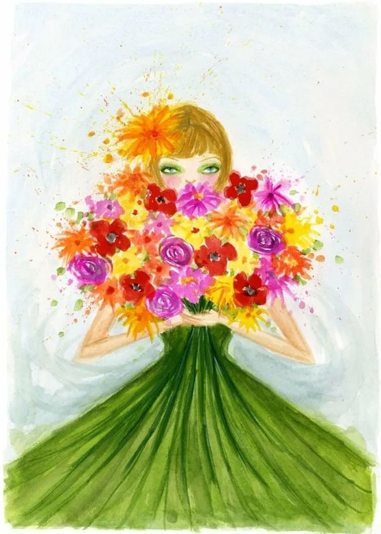 Цветные мамы. Девушка с цветами рисунок. Нарисовать девочку с цветами. Букет цветов рисунок. Цветы для мамы.